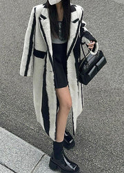 Casual Black White Striped Notched Button Woolen Maxi Coats Winter