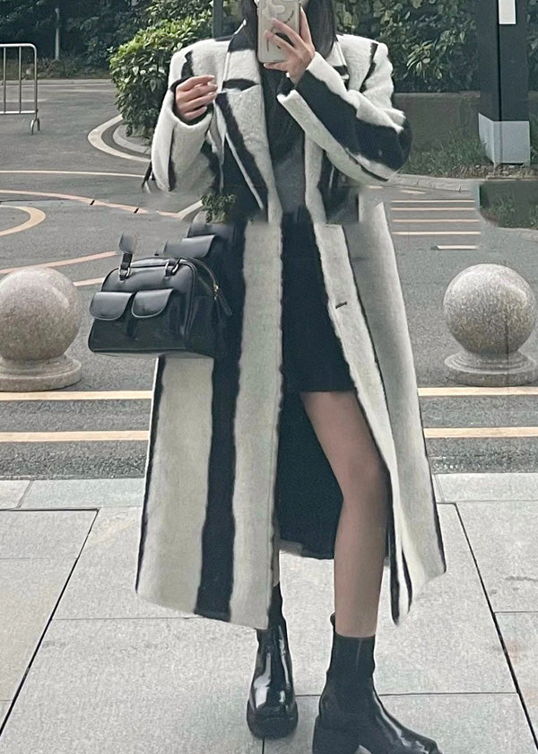 Casual Black White Striped Notched Button Woolen Maxi Coats Winter