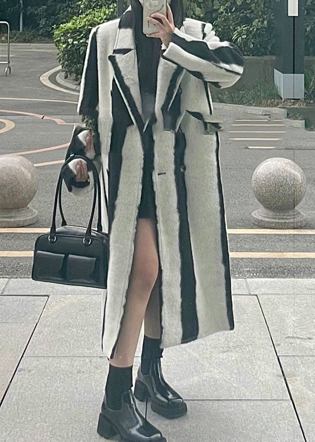 Casual Black White Striped Notched Button Woolen Maxi Coats Winter