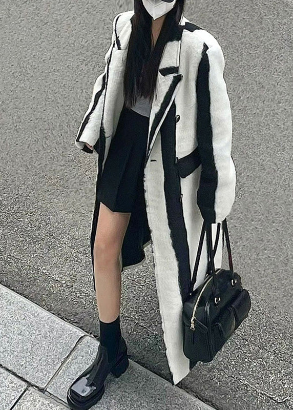 Casual Black White Striped Notched Button Woolen Maxi Coats Winter