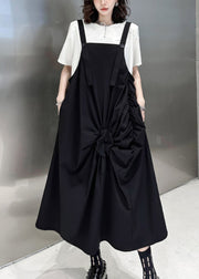 Casual Black Wrinkled Pockets Patchwork Cotton Long Dresses Sleeveless