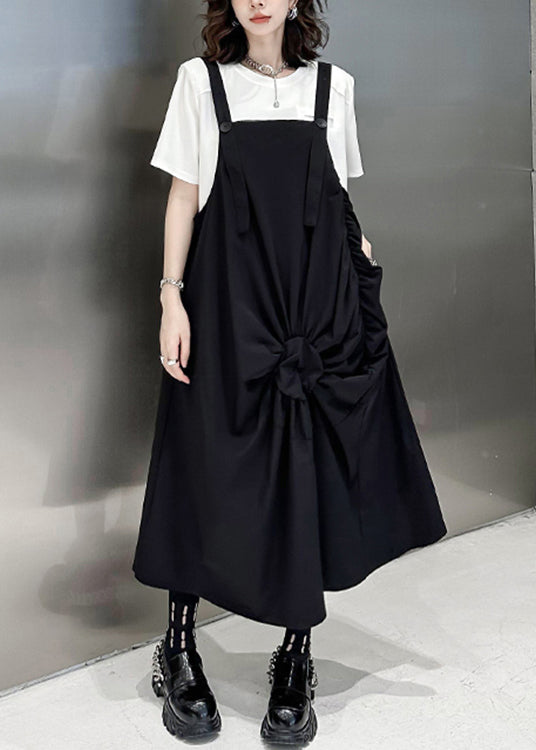 Casual Black Wrinkled Pockets Patchwork Cotton Long Dresses Sleeveless