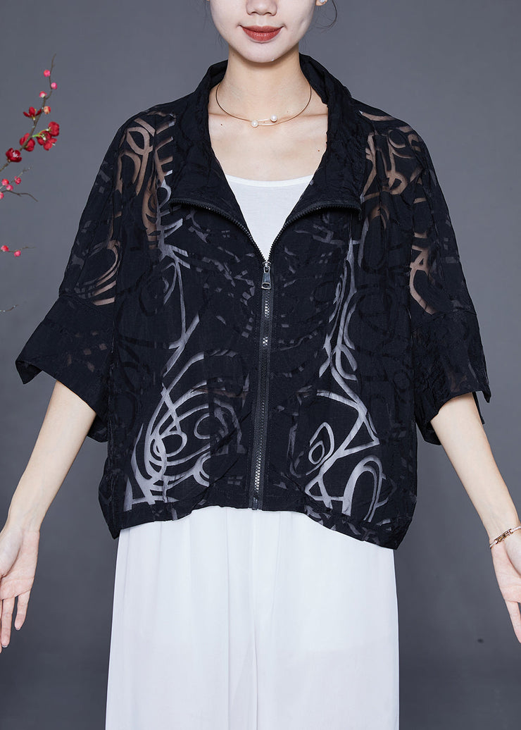 Casual Black Zip Up Hollow Out Cotton Coat Outwear Summer