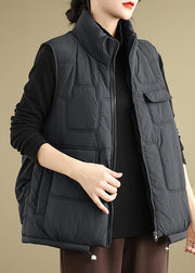 Casual Black Zip Up Patchwork Fine Cotton Filled Vest Sleeveless