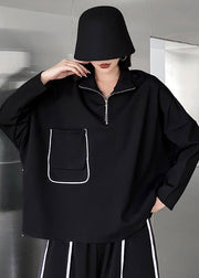 Casual Black Zippered Pockets Patchwork Cotton Sweatshirt Fall