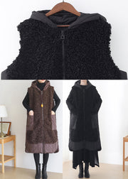 Casual Black Zippered Woolen Hoodies Waistcoat Sleeveless