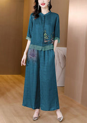 Casual Blackish Green Embroideried Patchwork Linen Two Pieces Set Summer