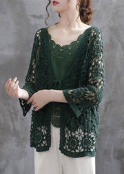 Casual Blackish Green Hollow Out Patchwork Knitting Cotton Cardigan Fall