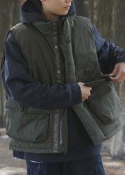 Casual Blackish Green Oversized Pockets Fine Cotton Filled Mens Puffer Vest Winter