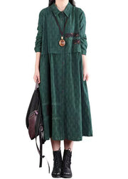 Casual Blackish Green Pockets Patchwork Cotton Shirts Dresses Fall