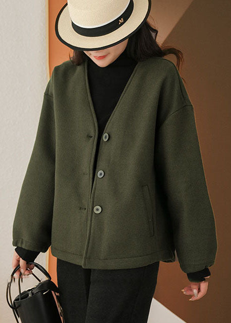 Casual Blackish Green V Neck Pockets Woolen Jackets Winter