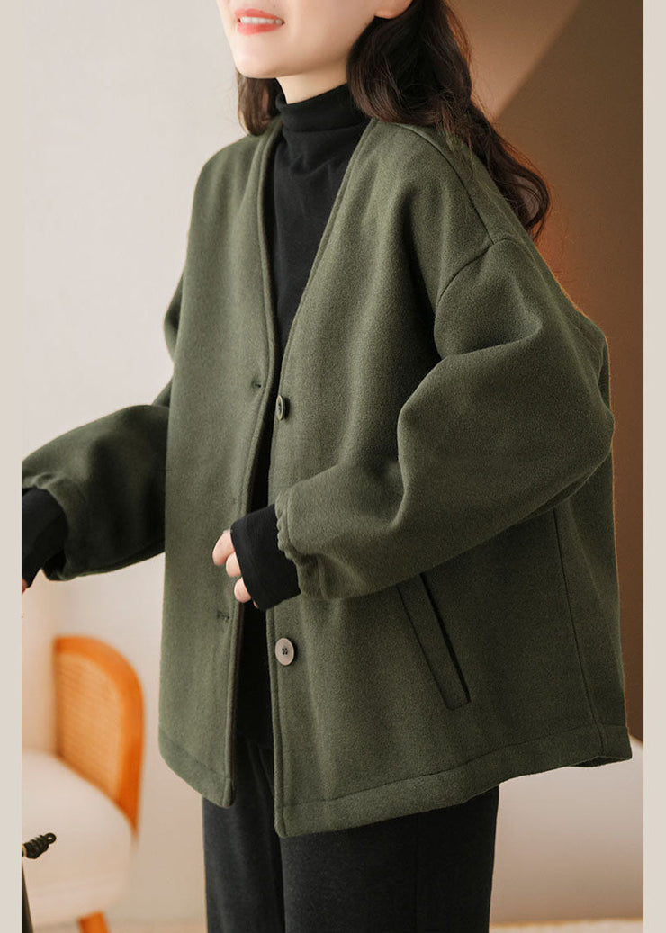 Casual Blackish Green V Neck Pockets Woolen Jackets Winter