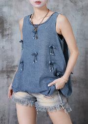 Casual Blue Bow Denim Beach Vest Sleeveless