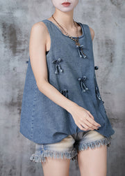 Casual Blue Bow Denim Beach Vest Sleeveless