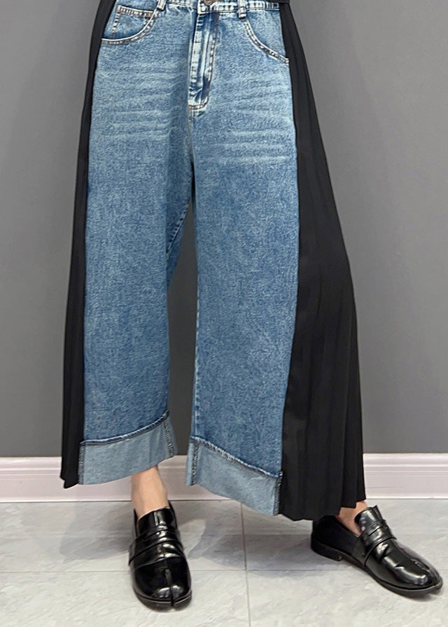 Casual Blue Chiffon Patchwork High Waist Dnime Straight Pants Spring