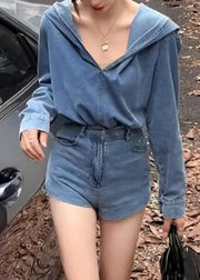 Casual Blue Denim Hooded Top And Shorts Two Pieces Set Spring