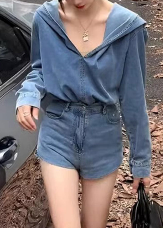 Casual Blue Denim Hooded Top And Shorts Two Pieces Set Spring