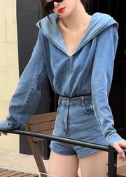 Casual Blue Denim Hooded Top And Shorts Two Pieces Set Spring