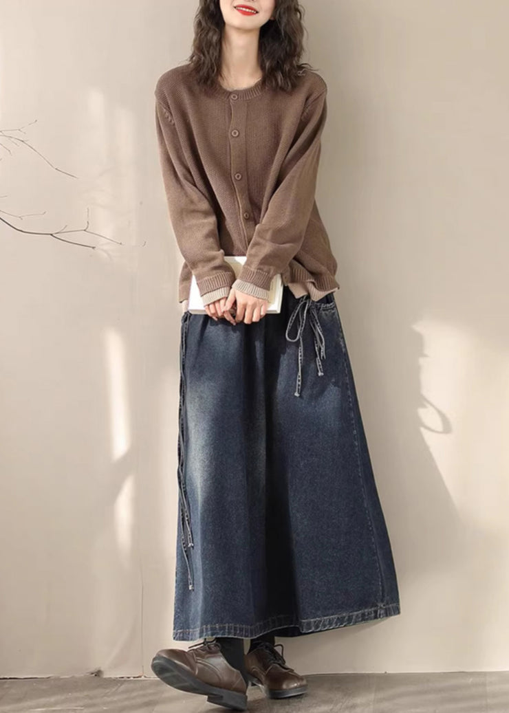 Casual Blue Elastic Waist Lace Up Denim Skirt Spring