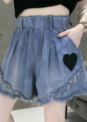 Casual Blue Elastic Waist Love Patchwork Shorts Jeans Summer