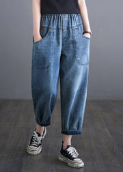 Casual Blue Elastic Waist Pockets Denim Harem Pants Summer