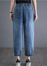 Casual Blue Elastic Waist Pockets Denim Harem Pants Summer