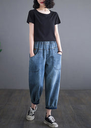 Casual Blue Elastic Waist Pockets Denim Harem Pants Summer