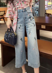 Casual Blue Embroideried Floral High Waist Crop Jeans