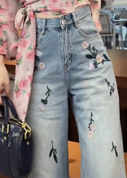 Casual Blue Embroideried Floral High Waist Crop Jeans