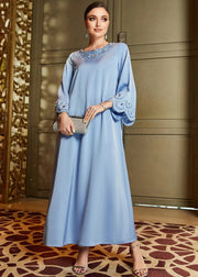 Casual Blue Embroidered Nail Bead Chiffon Vacation Long Dresses Long Sleeve