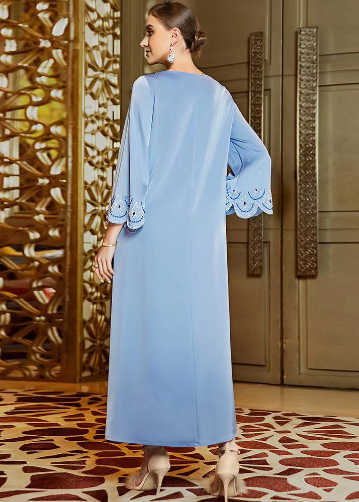 Casual Blue Embroidered Nail Bead Chiffon Vacation Long Dresses Long Sleeve