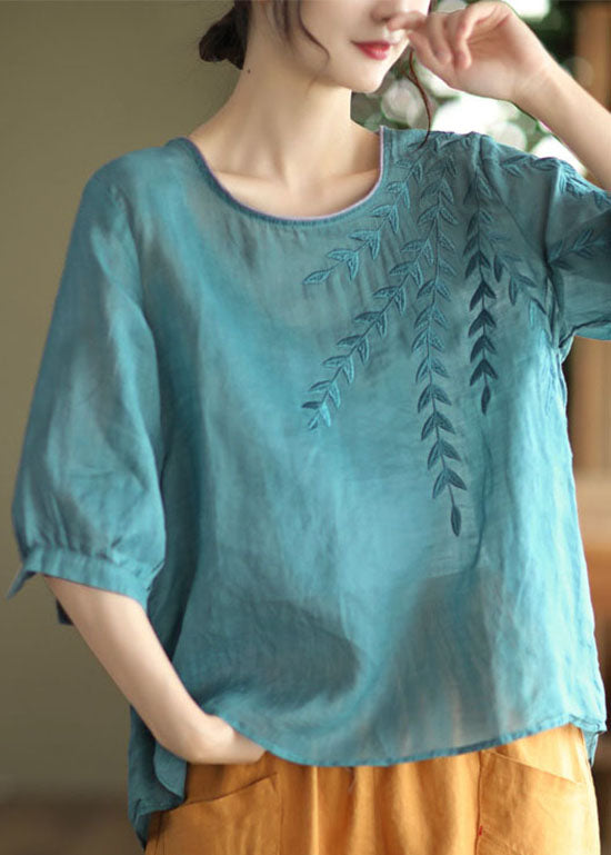 Casual Blue Embroideried Patchwork Cotton T Shirt Half Sleever