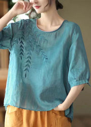 Casual Blue Embroidered Patchwork Cotton T Shirt Half Sleever