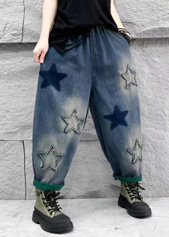 Casual Blue Five Pointed Star Patch Elastic Waist Denim Harlan Pants Spring