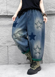 Casual Blue Five Pointed Star Patch Elastic Waist Denim Harlan Pants Spring