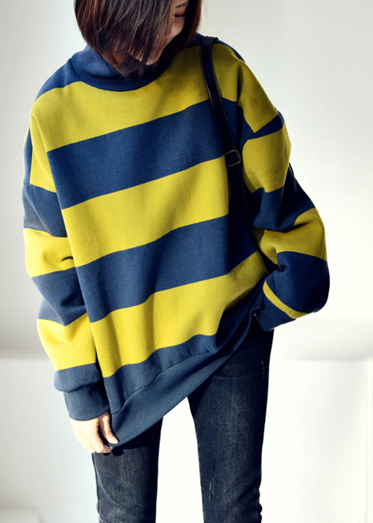 Casual Blue Green Colour Turtleneck Striped Patchwork Warm Fleece Sweatshirt Fall