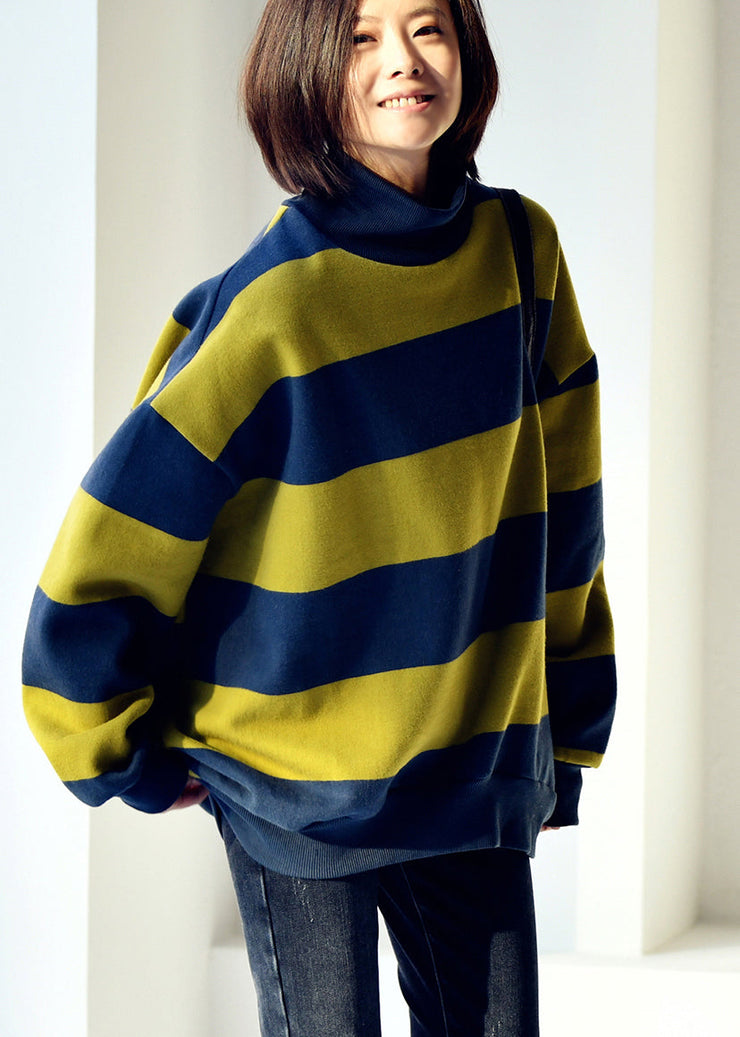 Casual Blue Green Colour Turtleneck Striped Patchwork Warm Fleece Sweatshirt Fall