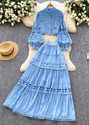 Casual Blue Hollow Out Patchwork Lace Two Piece Set Women Clothing Lantern Sleeve