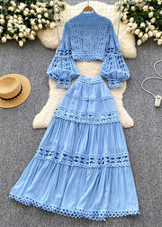 Casual Blue Hollow Out Patchwork Lace Two Piece Set Women Clothing Lantern Sleeve