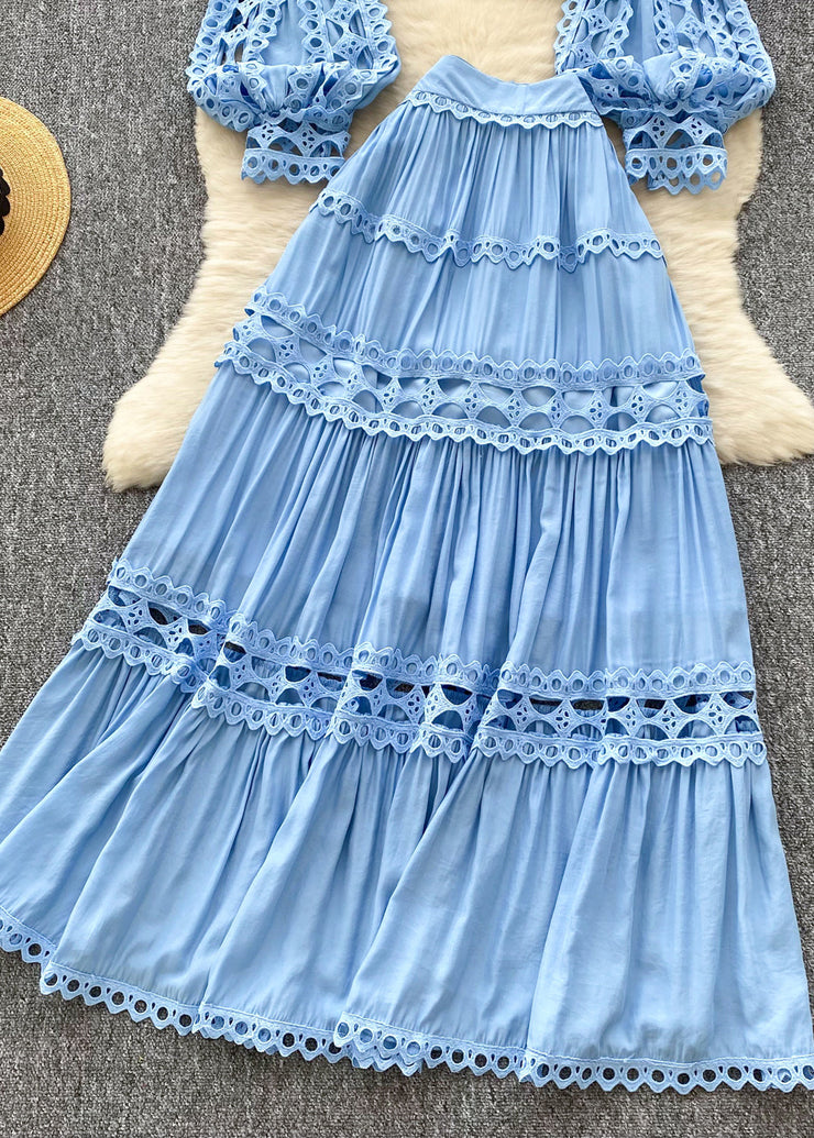 Casual Blue Hollow Out Patchwork Lace Two Piece Set Women Clothing Lantern Sleeve