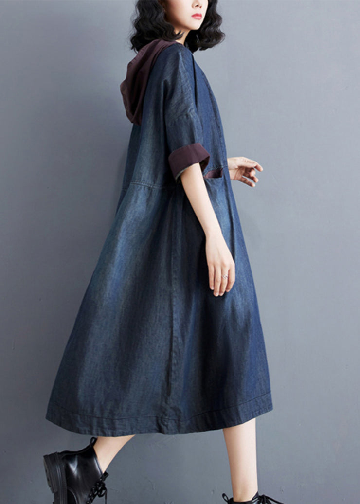 Casual Blue Hooded Patchwork Thin Denim Dress Summer