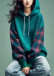 Casual Blue Hooded Plaid Patchwork Cotton Sweatshirts Spring