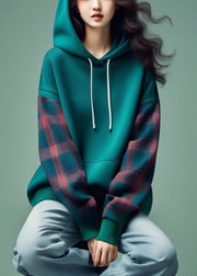 Casual Blue Hooded Plaid Patchwork Cotton Sweatshirts Spring