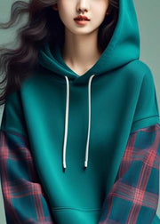 Casual Blue Hooded Plaid Patchwork Cotton Sweatshirts Spring