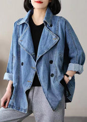 Casual Blue Notched Patchwork Tie Waist Denim Coats Long Sleeve