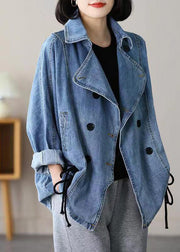 Casual Blue Notched Patchwork Tie Waist Denim Coats Long Sleeve