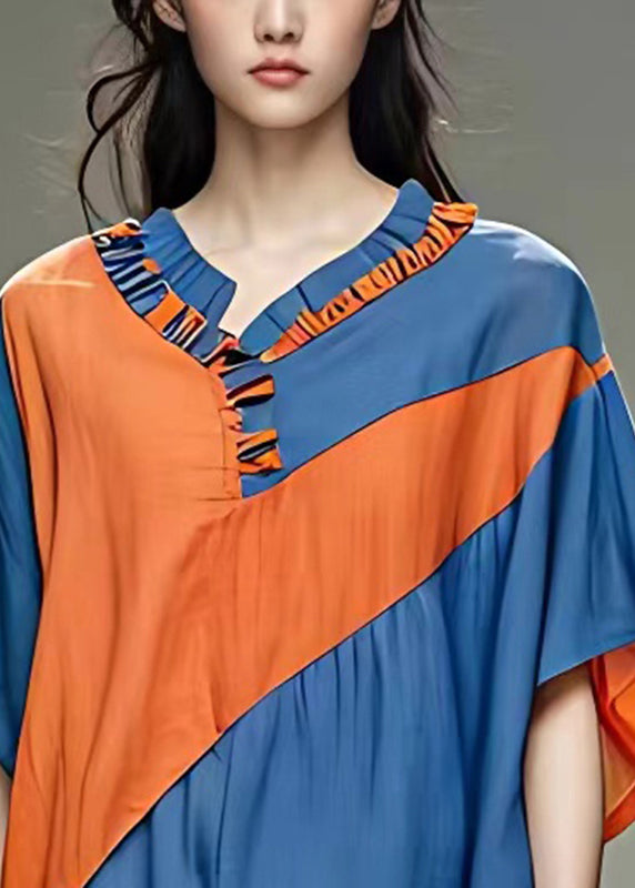 Casual Blue O-Neck Patchwork Chiffon Shirt Summer