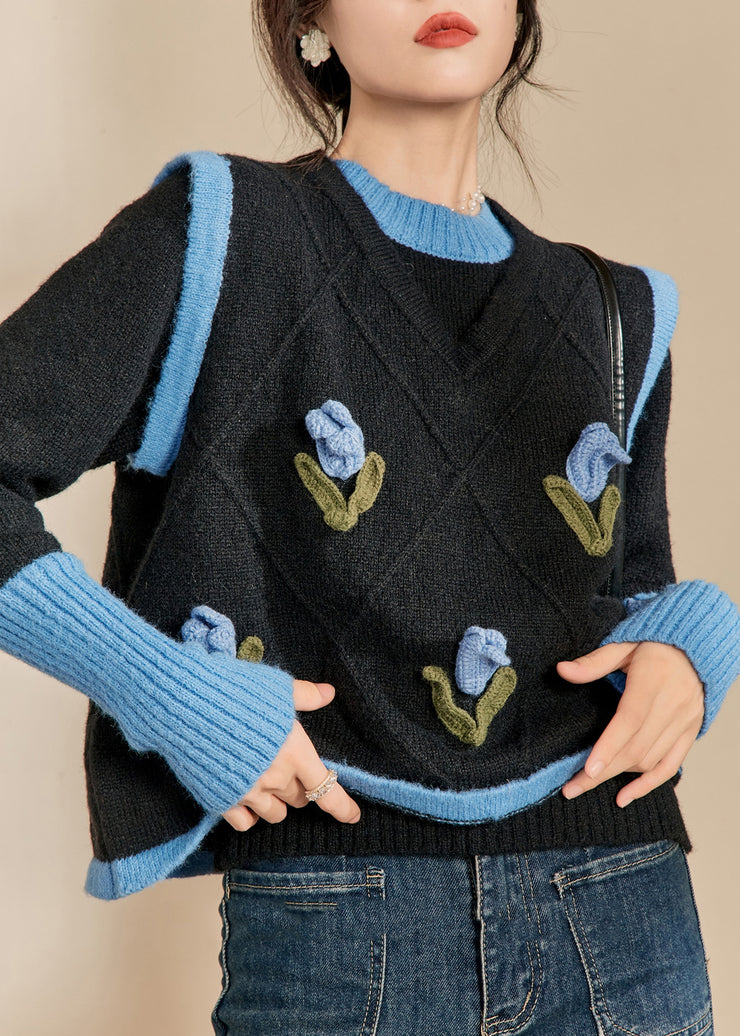 Casual Blue O-Neck Patchwork Cotton Knit Sweaters Spring