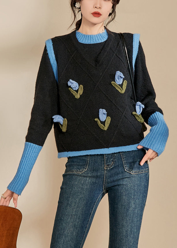 Casual Blue O-Neck Patchwork Cotton Knit Sweaters Spring