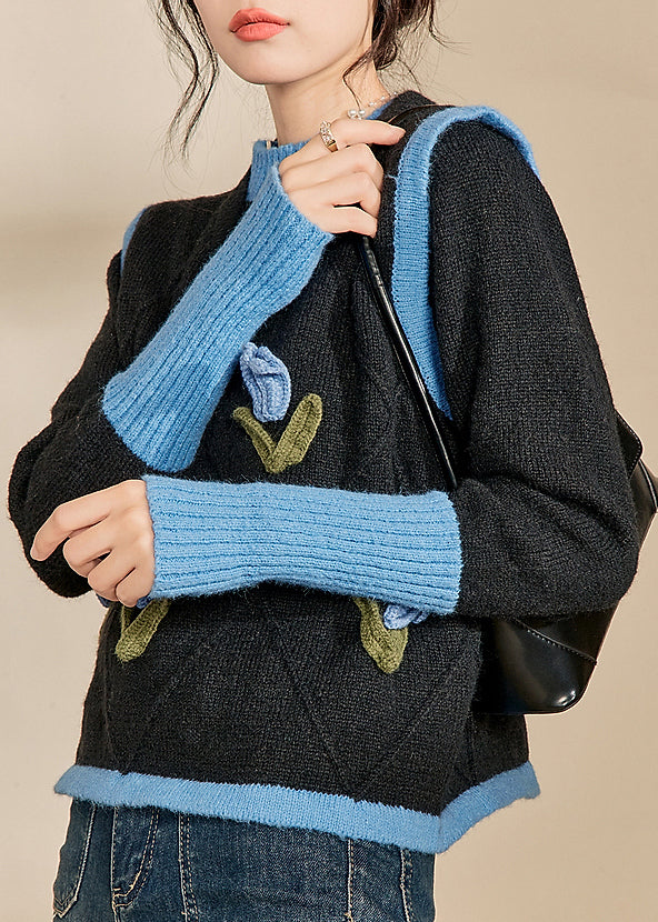 Casual Blue O-Neck Patchwork Cotton Knit Sweaters Winter